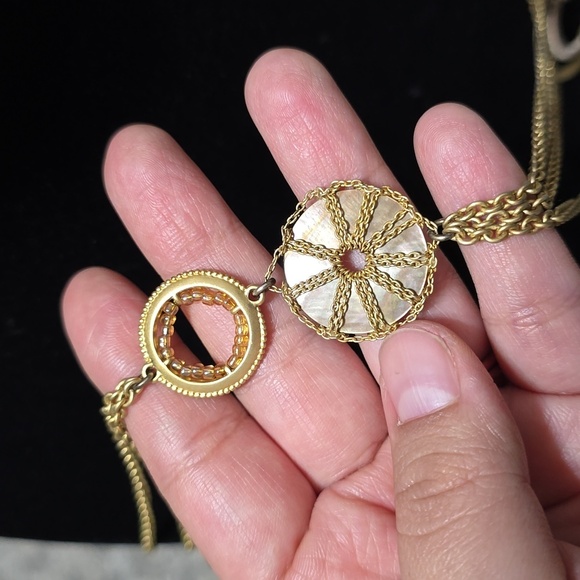 Gold Tone Multi Layered Open Circle Medallions Necklace, Mother of Pearl Discs - Picture 3 of 11